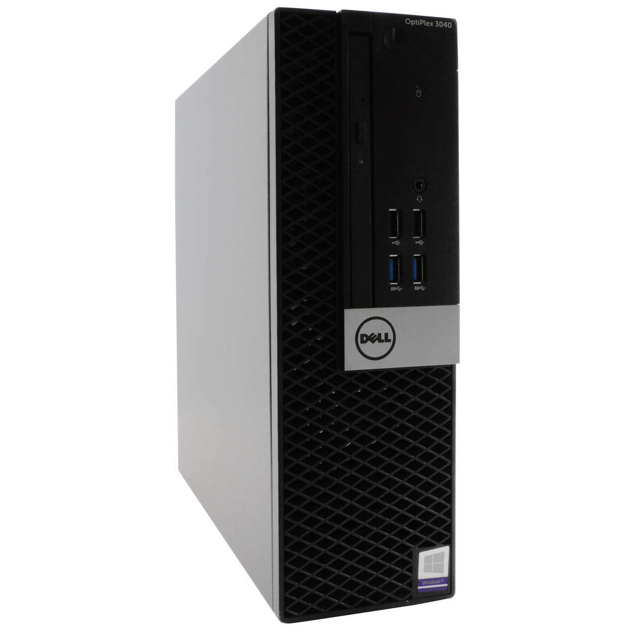 A Scratch & Dent Dell OptiPlex 3040 Desktop Computer with Intel Core i5 (6th Gen), Windows 10, and WiFi, shown in black and gray with front USB ports, audio jacks, optical drive, power button, and Dell logo.