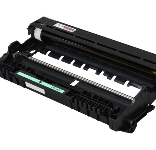 Image of a refurbished Compatible Brother DR-630 Drum Unit – Black, featuring the internal drum and rollers. The open unit displays labels, visible gears, and a dark frame with a triangular green sticker indicating direction.