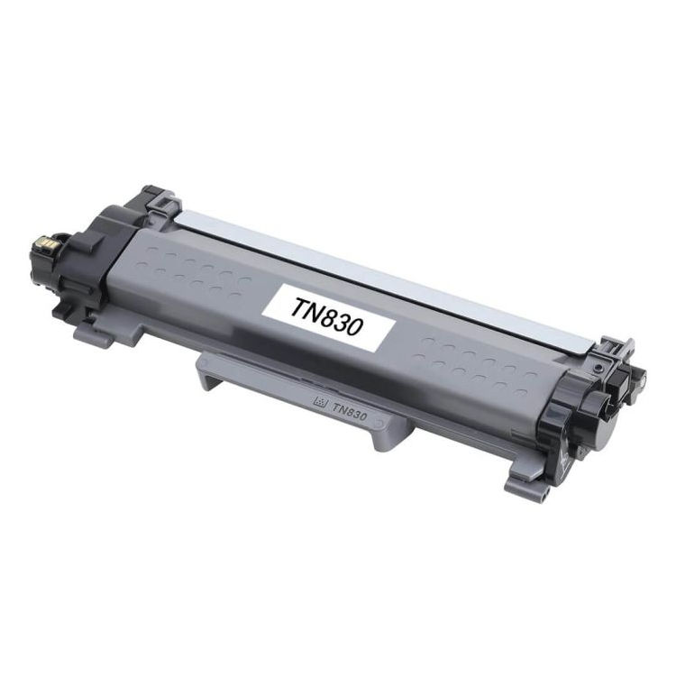 Image of a refurbished gray Compatible Brother TN-830 toner cartridge, labeled TN830. It boasts a rectangular design with black end components, set against a white background to emphasize its renewed value.