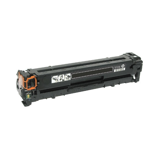 A refurbished Compatible HP CB540A (125A) Black Toner Cartridge, designed for laser printers, with instructional stickers and an orange protective cap. Its long and rectangular, ideal for users who value sustainable and high-quality refurbished electronics.