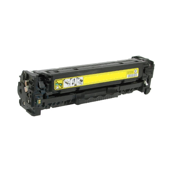 A new yellow Compatible HP CC532A (304A) toner cartridge for laser printing, equipped with installation labels, designed for specific refurbished printer models.