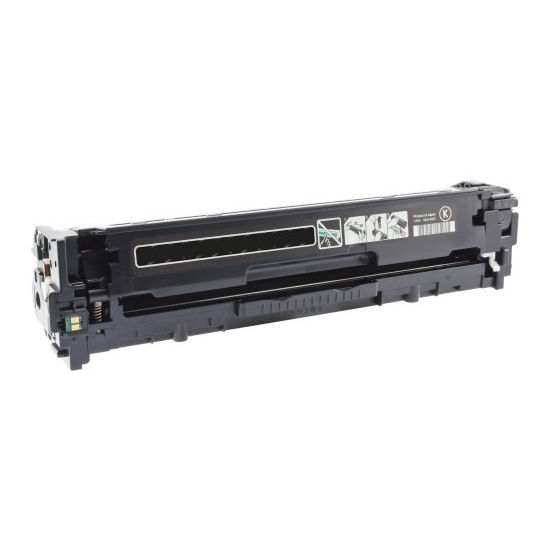 A refurbished rectangular black toner cartridge labeled with a K for black toner, featuring diagrams, ridges, and connectors for easy installation is compatible with the HP CE340A (651A), standard yield laser printing.