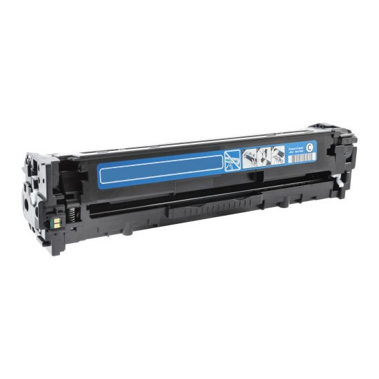 Image of a refurbished cyan toner cartridge, compatible with laser printers. The rectangular cartridge features a cyan label with white text and installation icons on the side. Product: Compatible HP CE321A (128A) Toner Cartridge – Standard Yield, Laser Printing.
