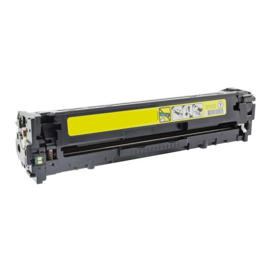 Image of a Compatible HP CE322A (128A) Toner Cartridge – Yellow, perfect for sustainable office setups. Its rectangular with a yellow label featuring warnings and instructions, primarily black with gray and yellow accents, designed for laser printing and standard yield from refurbished printers.