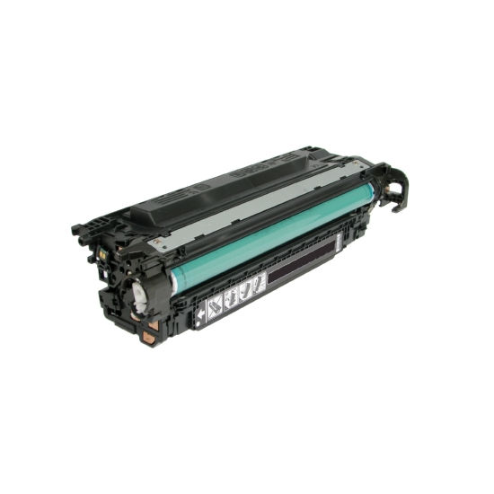 A refurbished Compatible HP CE400A (507A) black toner cartridge, with a cylindrical design featuring various connectors and parts, is displayed against a plain white background.