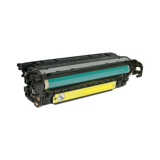 An image of the Compatible HP CE402A (507A) Yellow Toner Cartridge features a light protection illustration. The black cartridge includes a green roller and visible connectors for reliable laser printing performance.