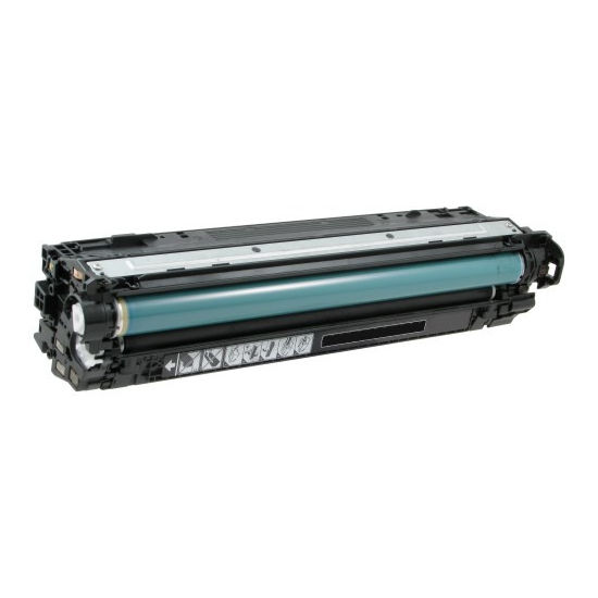 A refurbished Compatible HP CE740A (307A) black toner cartridge features illustrated instructions, symbols, and a cylindrical drum component, ideal for laser printers.