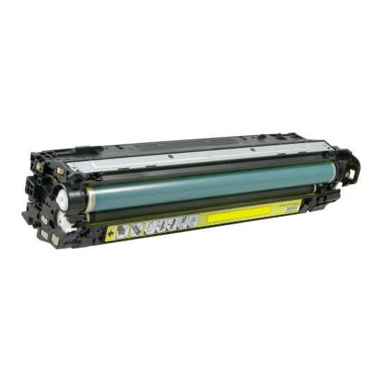 An image of a refurbished Compatible HP CE742A (307A) Toner Cartridge in yellow for laser printing. It has a cyan roller, various mechanical parts, and a yellow label with icons on the side for instructions or specifications.