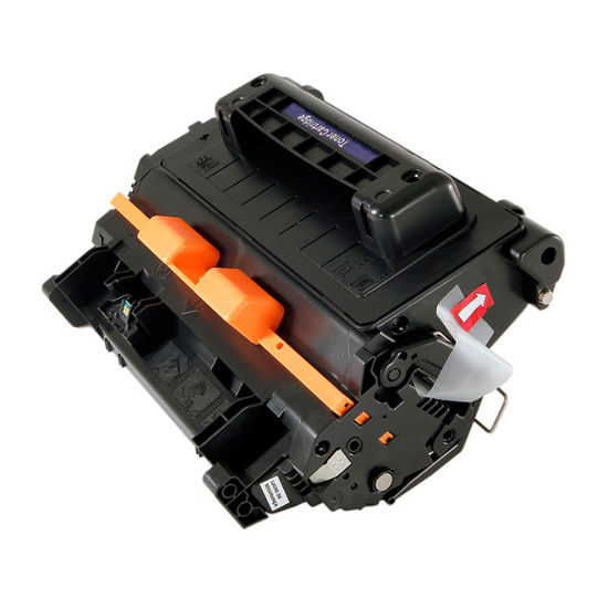 The image displays a black Compatible HP CF281A (HP 81A) toner cartridge with orange accents, grips, levers, and a rectangular shape designed for laser printing. It includes multiple compartments, connections, and an arrow sticker on the top right side.