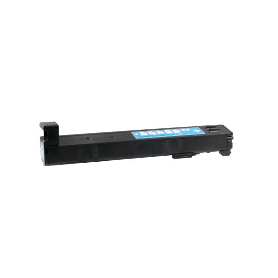 Refurbished Compatible HP CF301A (827A) Cyan Toner Cartridge—standard yield for laser printing, featuring a protruding handle and a blue label adorned with various icons, isolated on a white background.