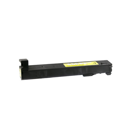 A refurbished Compatible HP CF302A (827A) yellow toner cartridge is displayed against a white background. The rectangular cartridge has a handle at one end, with a visible yellow label showing small icons and text on the top surface.