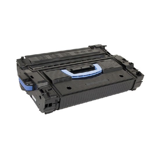 A refurbished Compatible HP CF325X (HP 25X) black toner cartridge, featuring a blue handle, sits elegantly on a white background. The detailed grooves and visible side connectors exemplify the precision typical of high-quality, refurbished laser printing electronics.