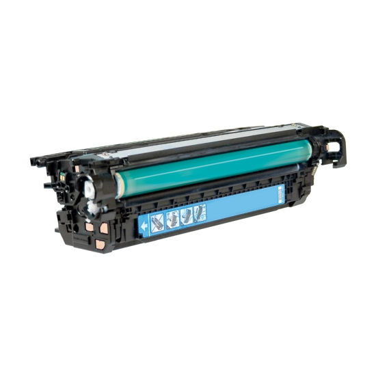 A refurbished Compatible HP CF331A (654A) Cyan Toner Cartridge is shown, featuring a blue label with symbols. This high-quality, standard-yield cartridge is expertly designed for seamless use in laser printing.
