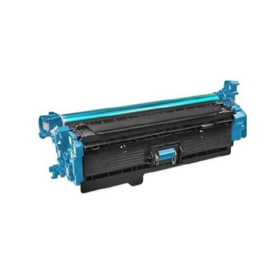 Image of a refurbished Compatible HP CF361A (508A) Cyan Toner Cartridge for laser printing, showcasing black and blue components. Displayed against a plain white background, the image highlights its intricate design and plastic structure.