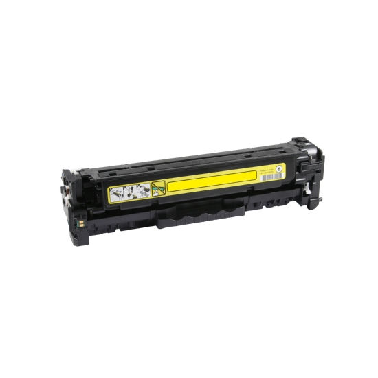 A yellow compatible HP CF382A (312A) standard yield laser printer toner cartridge with illustrated instructions, ideal for your refurbished printer setup.