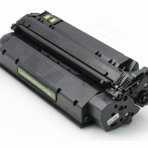 A close-up image showcases a compatible HP Q2613X (HP 13X) black toner cartridge for laser printing, highlighting its rectangular shape and cylindrical component, emphasizing its seamless integration into refurbished electronics.