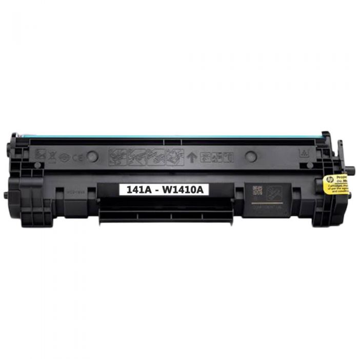 Refurbished Compatible HP W1410A (HP 141A) black toner cartridge with a yellow sticker on the right side; standard yield for laser printing.