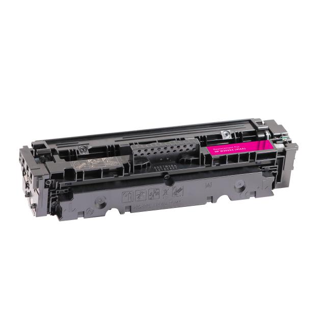 A magenta-labeled, refurbished compatible HP W2023A (414A) toner cartridge for laser printing is expertly photographed on a plain white background, highlighting detailed components, grooves, and notches.