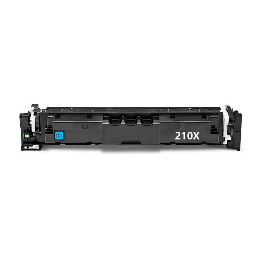 Refurbished cyan printer toner cartridge labeled HP W2101X (210X), featuring a blue circle marking, designed for easy installation in laser printers, ensuring quality and reliability expected from refurbished electronics.