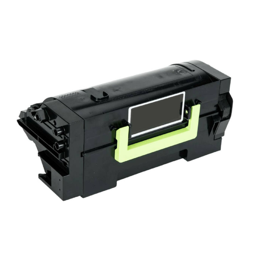 A refurbished black extra high yield laser printing toner cartridge with a handle compatible with Lexmark 58D1X00 is shown on a white background.