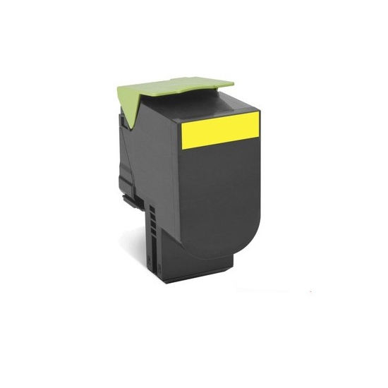 A black and green Lexmark Compatible 70C1HY0 Yellow Toner Cartridge, shown with a yellow label from a three-quarter angle on a white background, exemplifies quality and sustainability as an eco-conscious electronics choice.