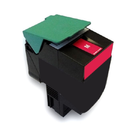 A magenta toner cartridge for a refurbished printer with a red M label and green protective cap, compatible with Lexmark C540H2MG, high yield for laser printing.