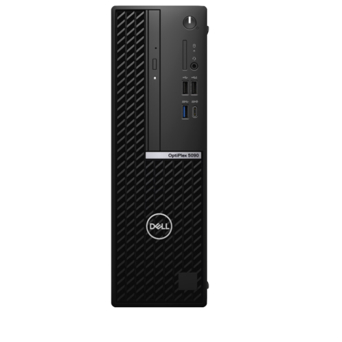 Front view of a black Dell OptiPlex 5090 Desktop with Intel Core i7 (10th Gen), Windows 11 Pro, WiFi, and Dell logo near the bottom; features multiple USB ports, audio jacks, and power button on the upper right.