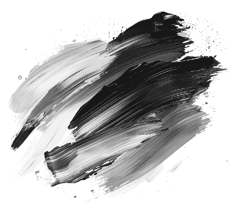 Bold, textured black and white paint brushstrokes smeared across a white background, creating an abstract, dynamic pattern with visible bristle marks and varying shades of gray.