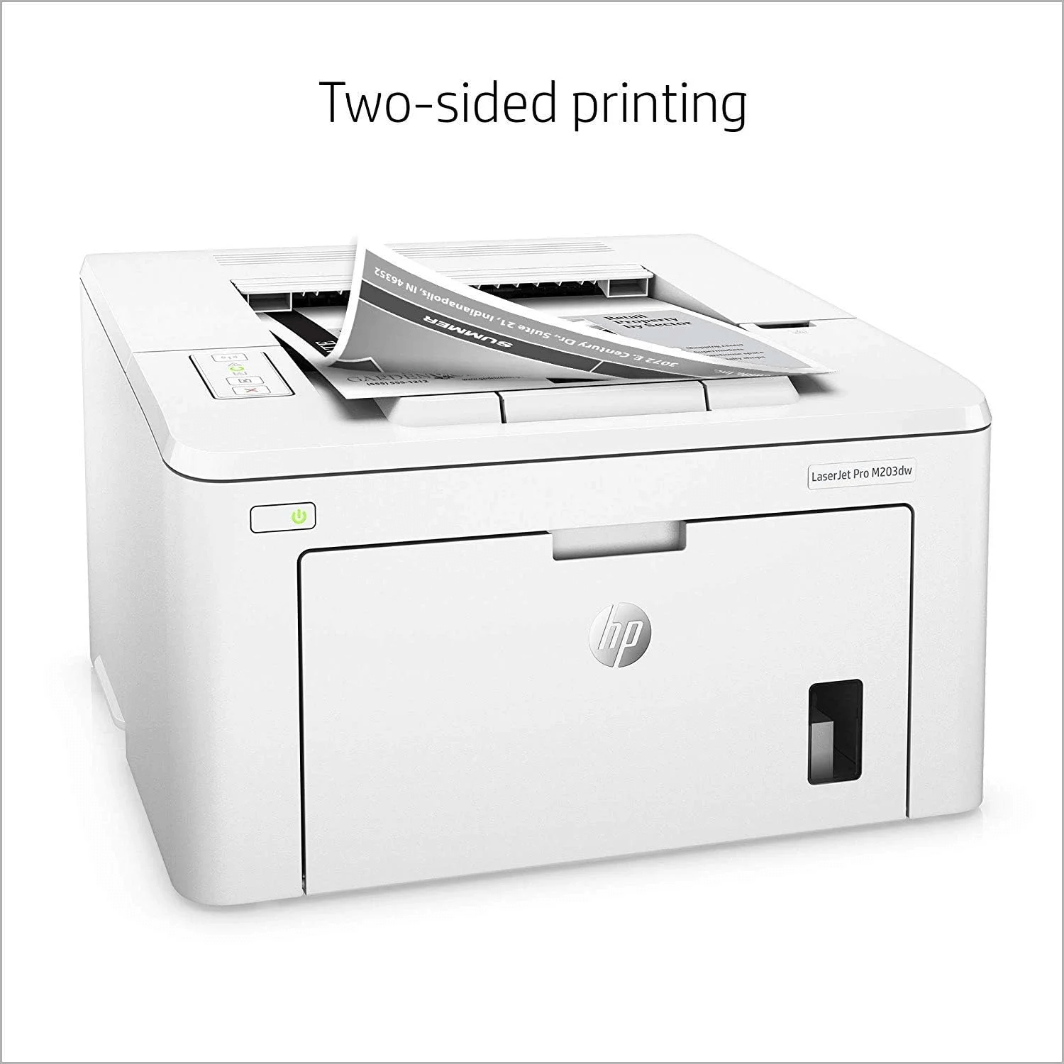 The HP LaserJet Pro M203dw Wireless Monochrome Printer (G3Q47A) prints two-sided sheets, with "Two-sided printing" shown above the white printer as two printed pages emerge.