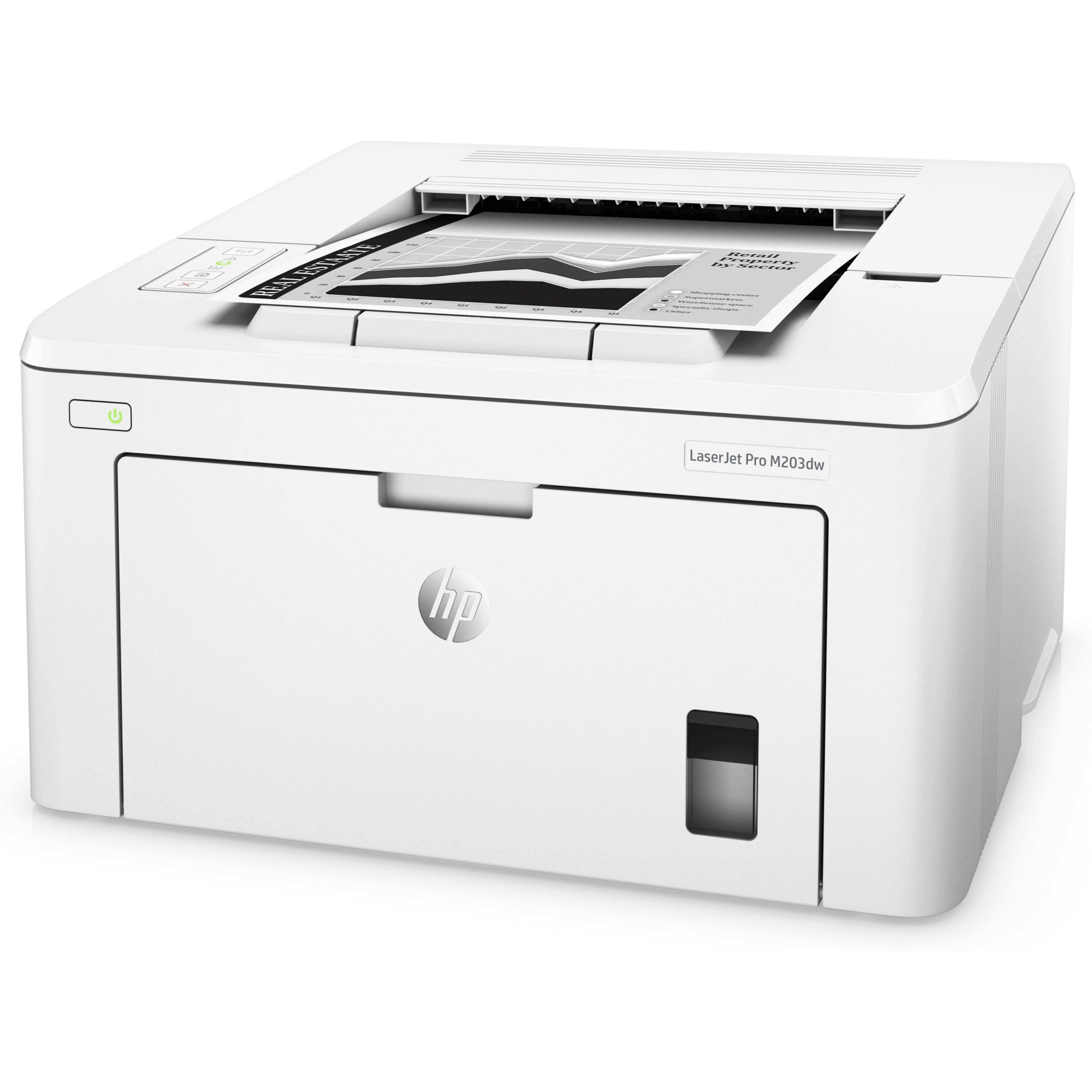The HP LaserJet Pro M203dw Wireless Monochrome Printer (G3Q47A) in white features control buttons on the upper left, the HP logo on the front panel, and a printed document emerging from its top output tray.