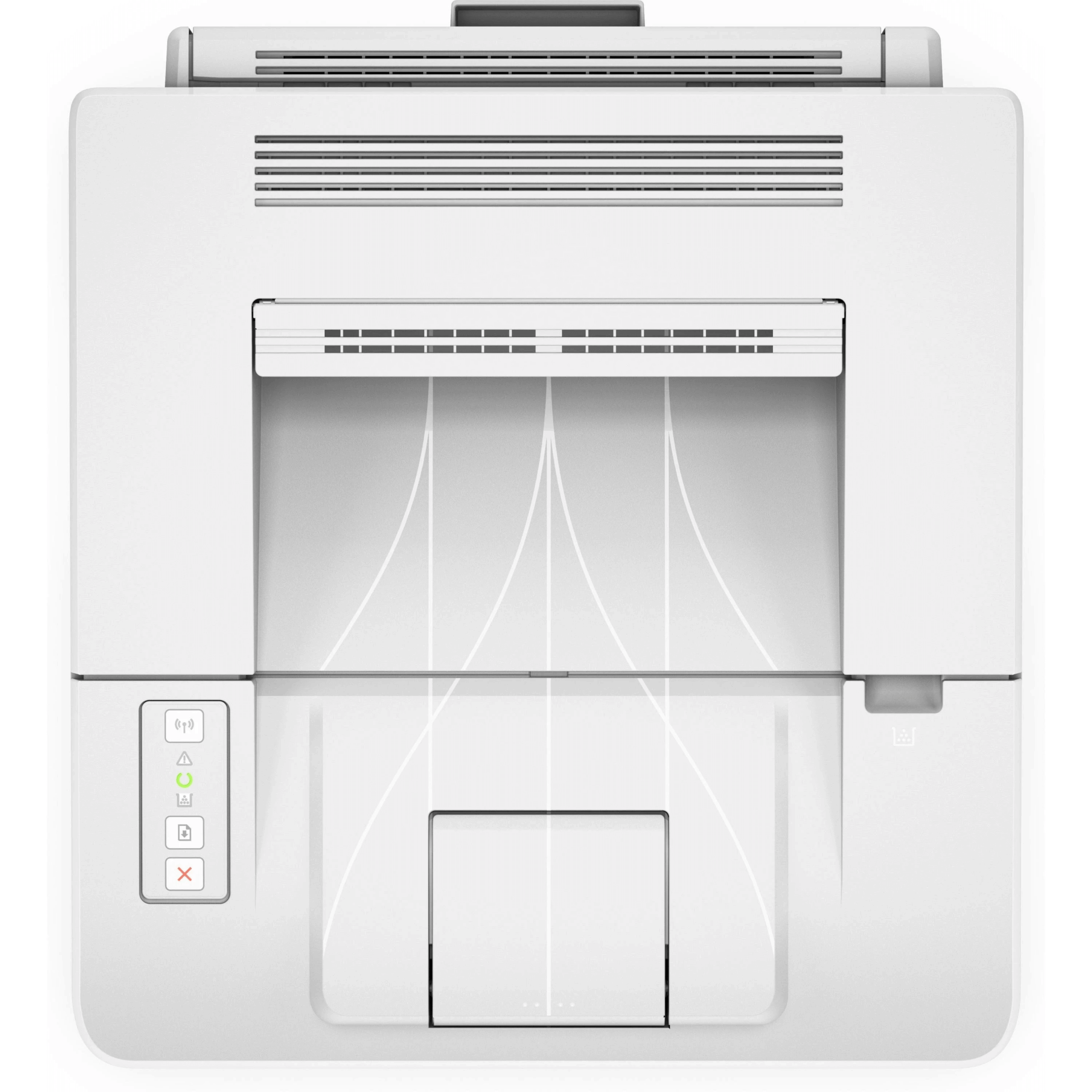 Top view of the HP LaserJet Pro M203dw Wireless Monochrome Printer (G3Q47A) showing left-side power, Wi-Fi, and cancel buttons, plus a central output slot; this sleek printer is built for efficient performance.