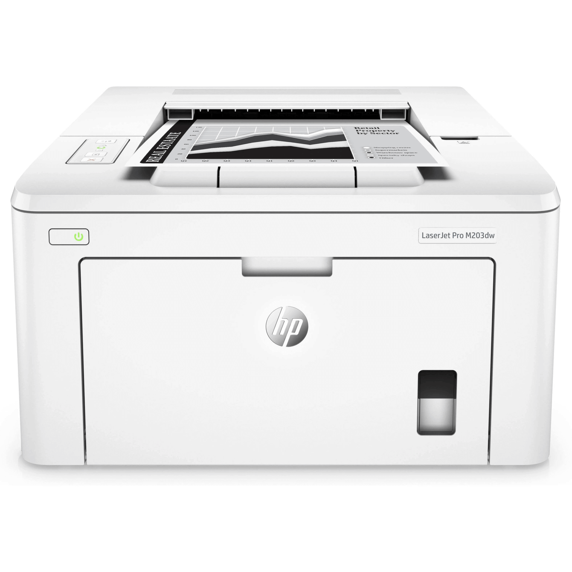 The HP LaserJet Pro M203dw Wireless Monochrome Printer G3Q47A is displayed from the front, showcasing its top paper tray with a printed page sample and a power button located on the left side.