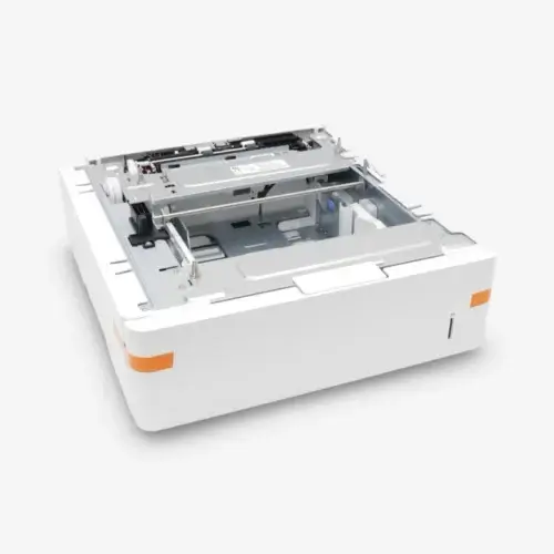 The HP L0H17A 500-Sheet Input Tray for M607, M608, and M609 printers is shown in white with orange accents on a light background. It is designed to efficiently hold and feed paper into compatible HP printer models.