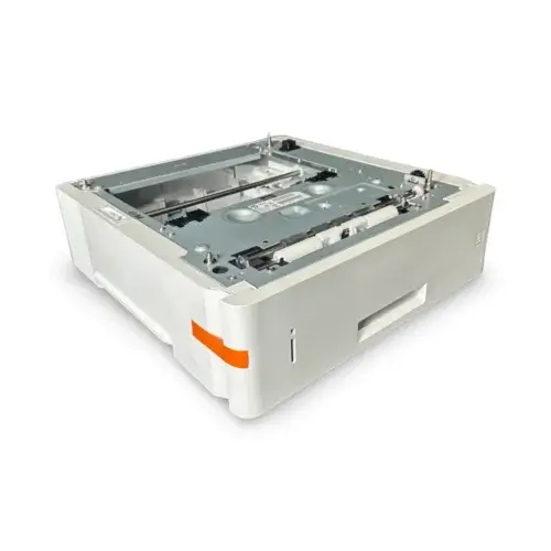 The HP LaserJet F2G68A 500 Sheet Media Tray is a white accessory with an exposed internal mechanism, designed to hold and feed paper into an HP LaserJet or similar large printer or copier.