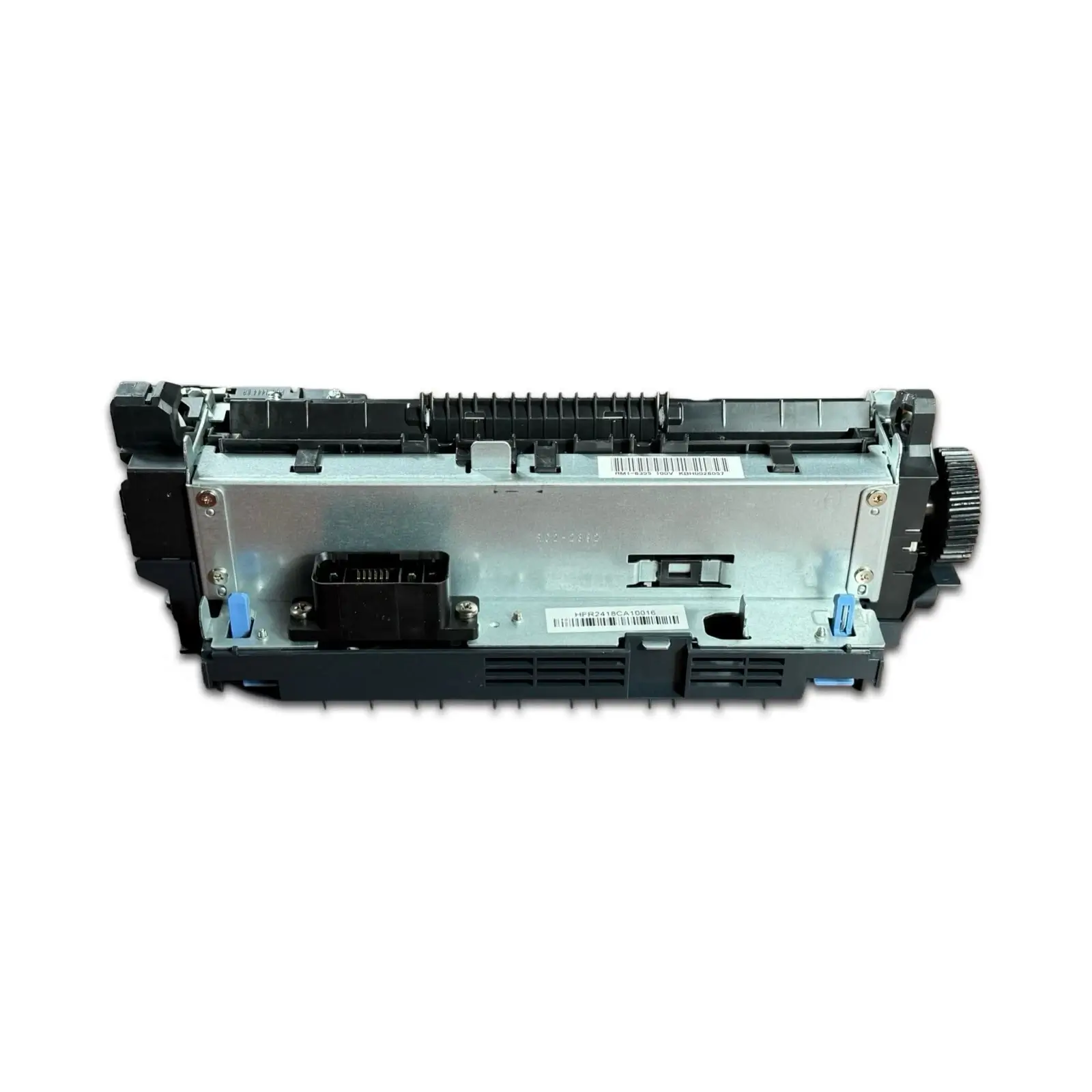 A close-up of an HP LaserJet RM1-8395 100V Fuser for M601, M602, and M603 printers, featuring its metal plate, plastic housing, blue tabs, and connector port against a white background.