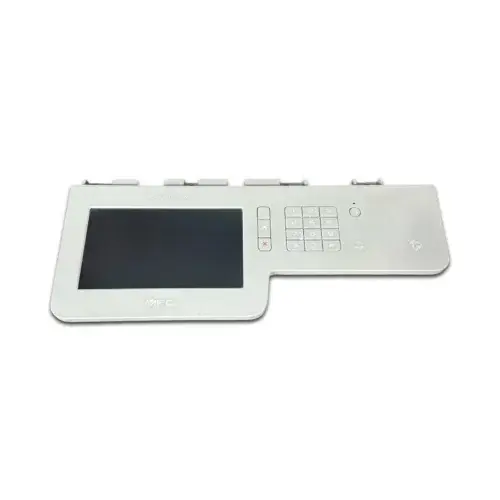 The Brother D006DD001 OEM Control Panel is a white, rectangular unit with a wider left side that features a large touchscreen and a right side with a numeric keypad plus extra buttons.