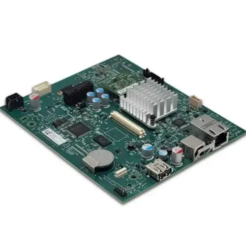 An HP F2A68-60004 Formatter Logic Main Control Board (OEM) motherboard in green with a silver heatsink, capacitors, USB and Ethernet ports, plus a battery, shown on a white background.