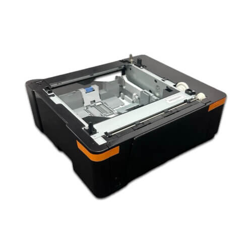 A black HP LaserJet CF406A 500 Sheet Extra Tray OEM with orange accents, open and empty, is shown angled against a white background.