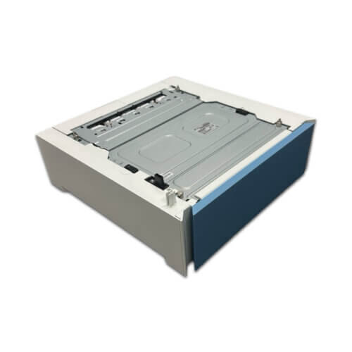 The HP Color LaserJet Pro 28N93A 550-Sheet Paper Tray, in white and blue, holds up to 550 sheets and feeds paper into your printer. Shown isolated on a white background.