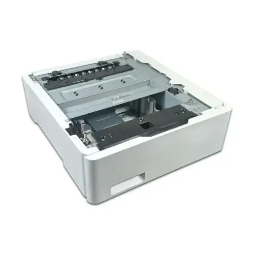 The HP LaserJet CF404A 550-sheet Feeder Tray | OEM, in rectangular white design with metal and plastic parts, is shown empty on a white background. It is designed to hold and feed paper into compatible HP LaserJet printers.