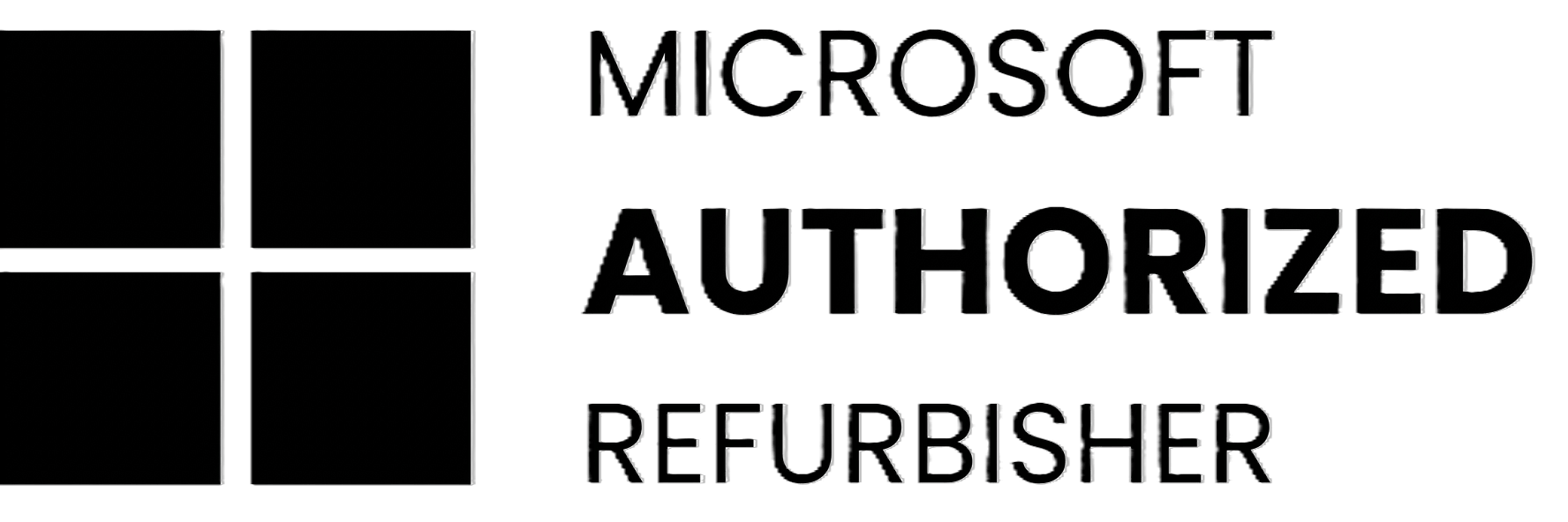 The image shows the Microsoft logo on the left and the words Microsoft Authorized Refurbisher in black text on the right, highlighting their trusted service for refurbished printers against a white background.
